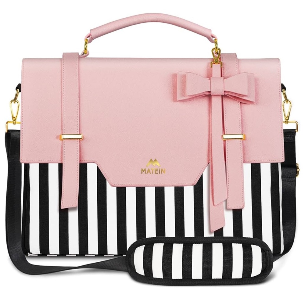 Matein Women’s Laptop Tote - Pink with/Black &White Stripes RFID briefcase  15.6